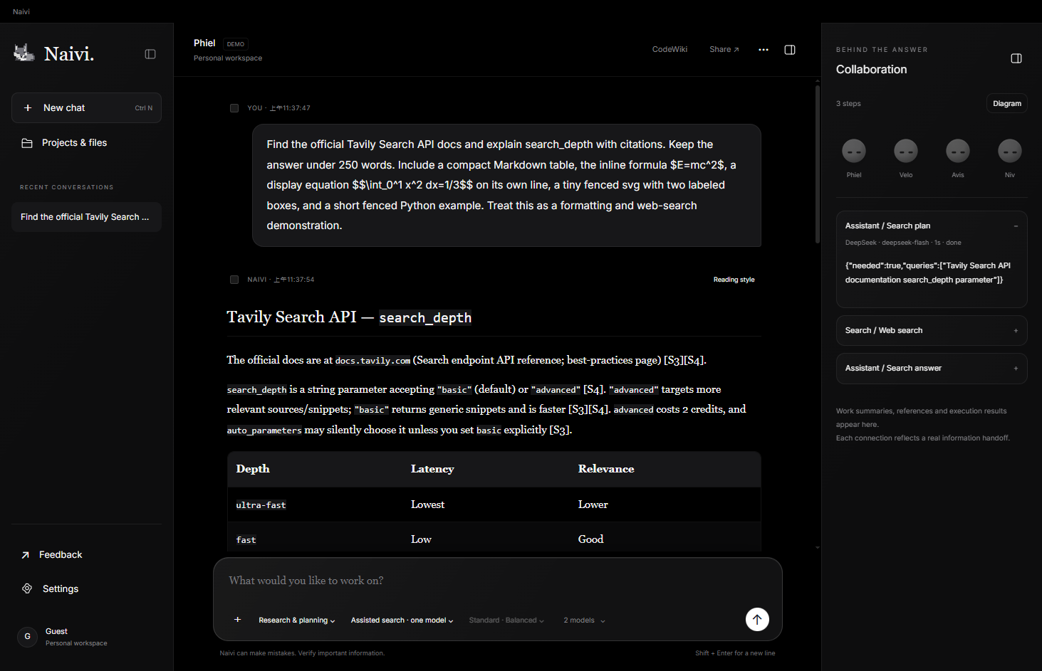 Naivi desktop showing a real assisted-search answer, source-backed content and work records